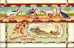 Vtg 1908 Thanksgiving Greeting Turkeys Farm Scene Gold Gilt Embossed Postcard