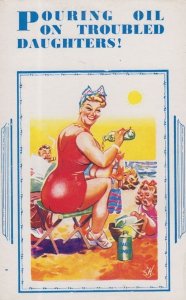 Pouring Baby Oil Powder On Crying Child Vintage Seaside Comic Humour Postcard