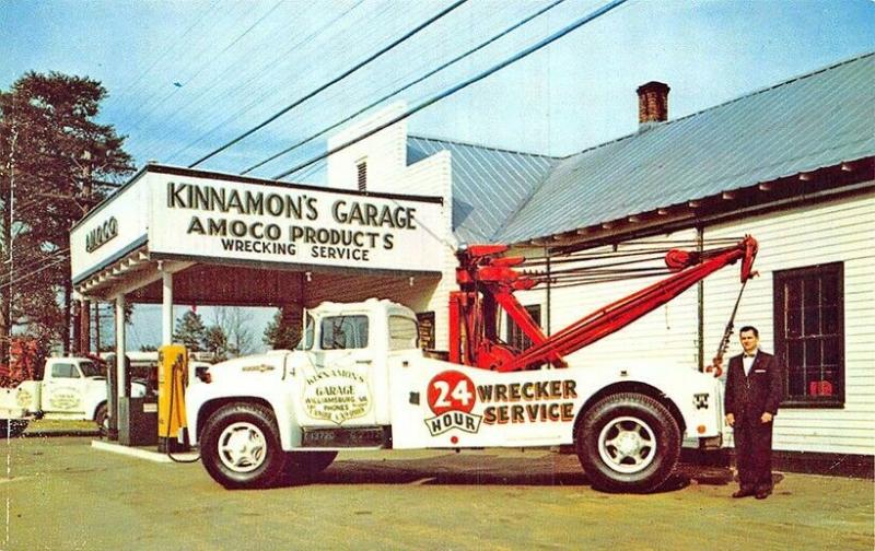 Williamsburg VA Kinnamon's Garage Amoco Gasoline Tow Trucks Wrecker Postcard