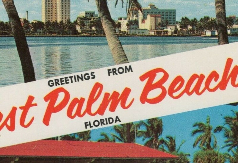 Greetings from West Palm Beach banner Florida downtown people park postcard E730 