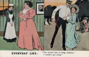 Military Soldier Dating House Maid Everyday Lies Old Comic Postcard