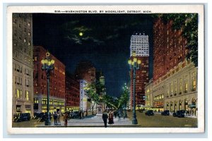 c1920 Washington Boulevard by Moonlight Night View Detroit Michigan MI Postcard 