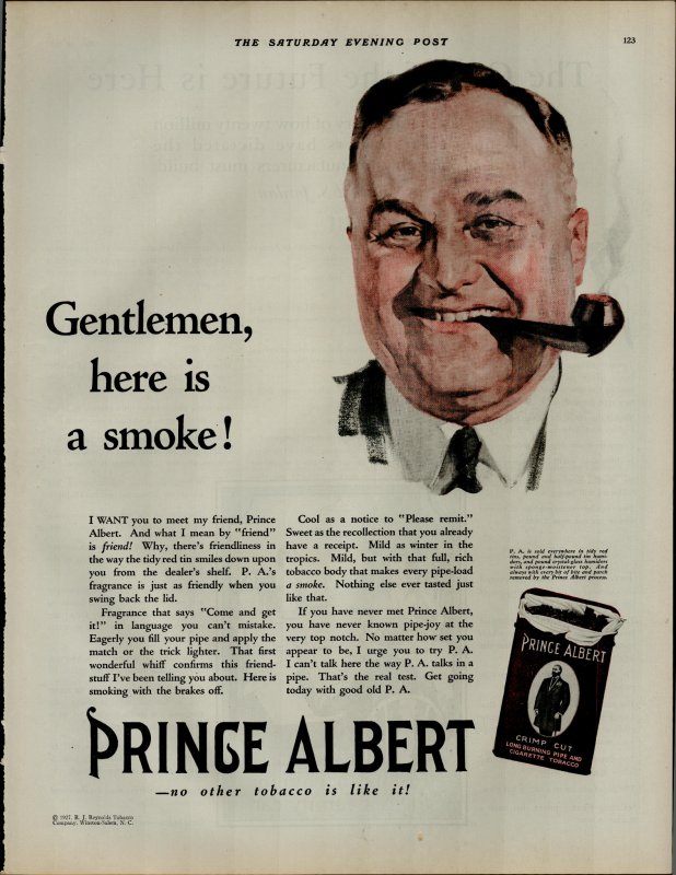 1927 Prince Albert Crimp Cut Tobacco Man Smoking Pipe Vintage Print Ad 3892