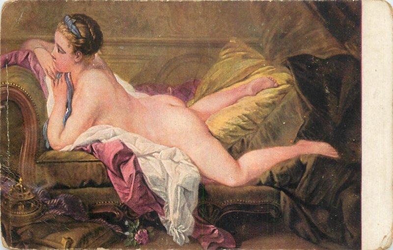 Reposing girl by Fr. Boucher vintage fine art painting postcard