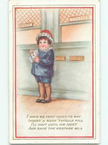 Pre-Linen BOY MAILING LETTERS CARD AT POST OFFICE J0491