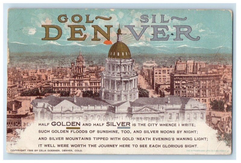 1909 Bird's Eye View Of Golden Silver Denver Colorado CO Posted Antique Postcard