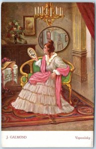 c1910s Czech Republic Lady Elegant Parlor Hand Mirror J. Galmond Vzpominky A365