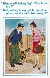 Railway Station Attendent & Dog Porter Rude Talk To Lady Comic Humour Postcard