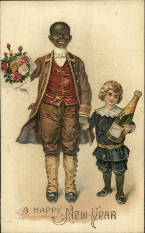 New Year Black Man Servant Uniform & White Child c1910 Embossed Postcard