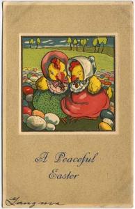 Easter PC Dressed Chickens with Colored Eggs in Field