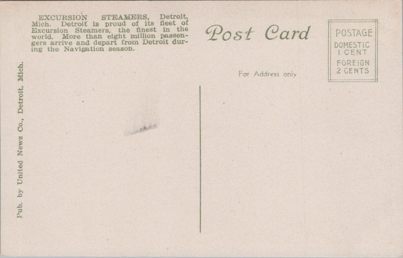 Excursion Steamers Detroit Michigan Vintage Postcard C160