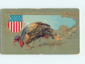 Pre-Linen patriotic thanksgiving USA FLAG SHIELD WITH LARGE TURKEY HJ2989