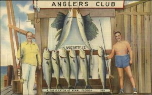 Miami FL Anglers Club Fishing Catch Men Poles Linen Postcard