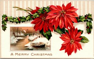 Vtg 1910s Merry Christmas Cottage Creek Scene Poinsettia Holly Embossed Postcard