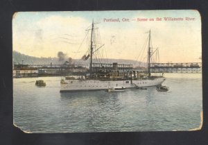 PORTLAND OREGON WILLAMETTE RIVER SCENE BOAT SHIP VINTAGE POSTCARD 1910