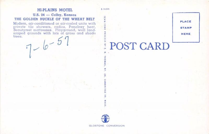 COLBY KANSAS HI PLAINS MOTEL~THE GOLDEN BUCKLE OF THE WHEAT BELT POSTCARD 1957