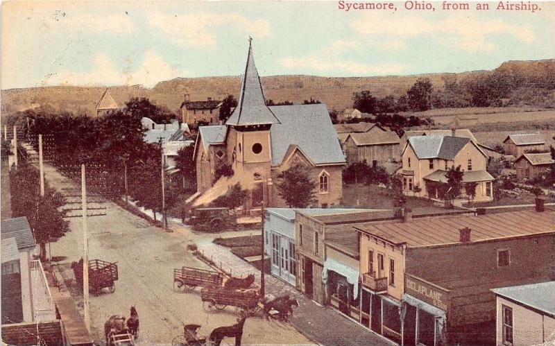 E17/ Sycamore Ohio Postcard 1911 Birdseye View Main St Church Delaplane Airship