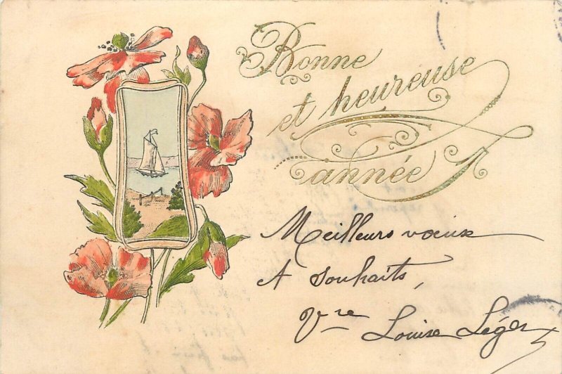 Unit of 2 embossed art nouveau floral fantasy greetings postcards 1906 France