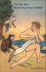 Naked Woman w/ Towel Scared Off by Bear Comic Postcard