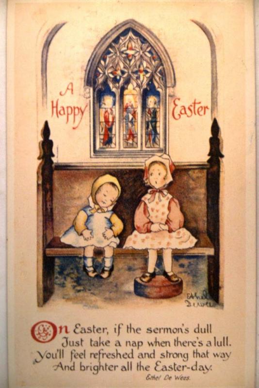 Unused pre-1920 artist signed GIRLS SITTING IN CHURCH - Easter postcard y4290-22