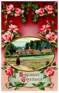 Birthday Greetings , farm scene , pink roses , flowers , embossed