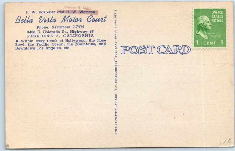 c1950s Pasadena, Cali Bella Vista Motor Court Karbiner w/ 1c Unposted Stamp A216