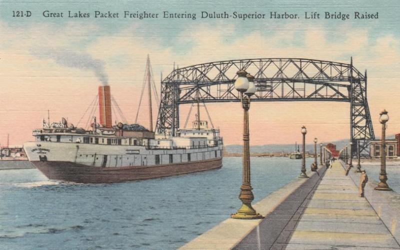 Freighter entering Duluth Superior Harbor - Lift Bridge MN, Minnesota - Linen