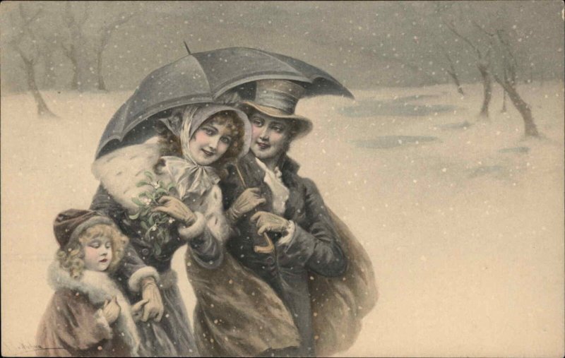 Wichera MM Vienne No 282 Art Nouveau Couple and Child in Snow Vintage Postcard