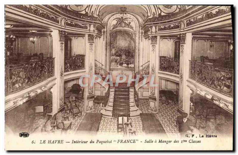 Old Postcard Boat Le Havre The Transatlantic France Interior Dining room of t...