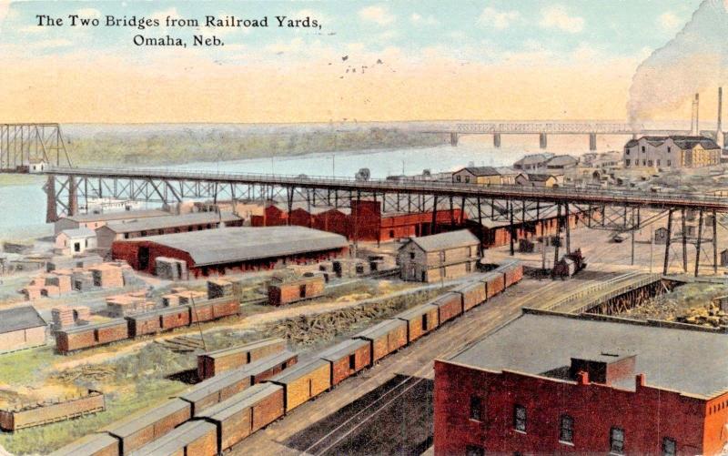 OMAHA NEBRASKA~THE TWO BRIDGES FROM RAILROAD YARDS POSTCARD 1911 PSTMK