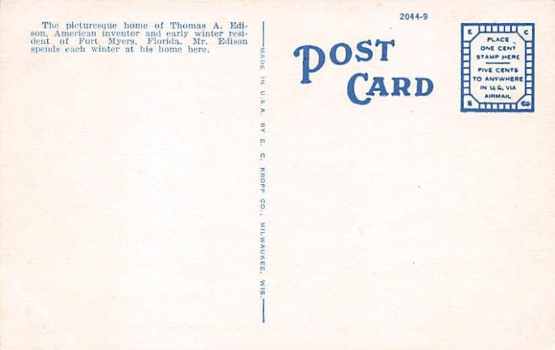 Home of Thomas A Edison Fort Myers FL Postcard