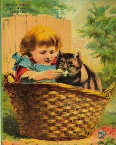 lovely Girl In Basket With Car Star Soap Schultz's Victorian Trade Card *R