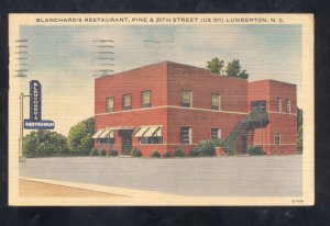 LUMBERTON NORTH CAROLINA BLANCHARD'S RESTAURANT NC LINEN ADVERTISING POSTCARD