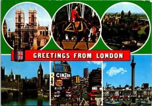 VINTAGE CONTINENTAL SIZE POSTCARD GREETINGS FROM LONDON MULTIPLE VIEWS 1970s