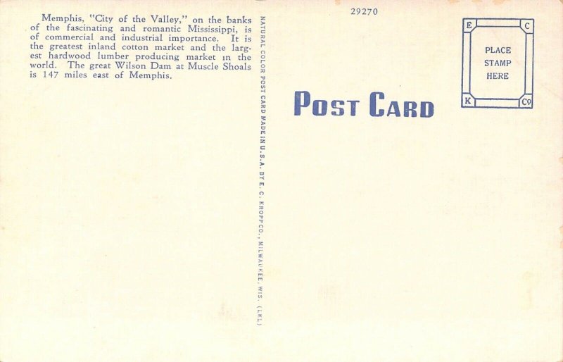 Beautiful Linen Large Letter, Memphis, Tennessee, E.C. Kropp Publ, Postcard