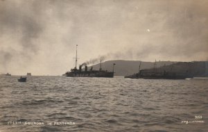 Italian Navy Cruiser Fleet Squadron Departing Harbor - c1910s RPPC