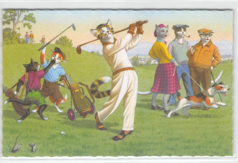 Cats Playing Golf Mainzer Belgium #4883 Vintage Fantasy Anthropomorphic Postcard