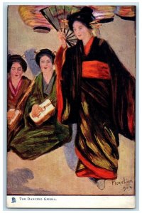 c1910's Japanese Woman The Dancing Geisha Lion Oilette Tuck's Antique Postcard