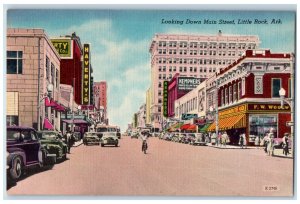 Little Rock Arkansas AR Postcard Looking Down Main Street Buildings 1940 Vintage