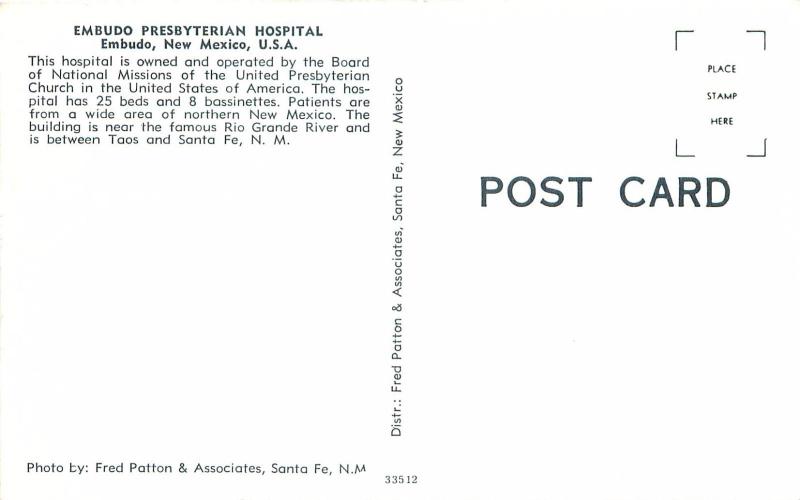 EMBUDO NEW MEXICO PRESBYTERIAN HOSPITALPOSTCARD c1950-60s