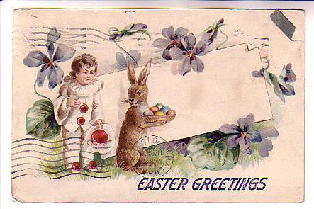 Little Boy Clown with Easter Bunny, Greetings, Used 1910, Canada