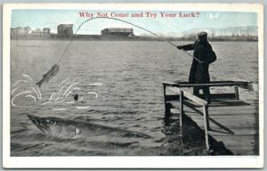 EXAGGERATED FISHING ANTIQUE POSTCARD WHY NOT TRY YOUR LUCK?