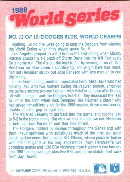1989 Score Baseball Card '88 World Series Dodgers Win sk20884