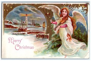 1909 Merry Christmas Angel Playing Violin Lighthouse House Winter Postcard