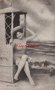 Postcard Risque Woman Bathing Suit Beach Scene Petite No 1