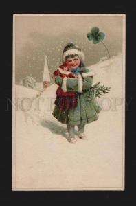 077299 WINTER Girl w/ DOLL vintage NEW YEAR LITHOgraphic PC