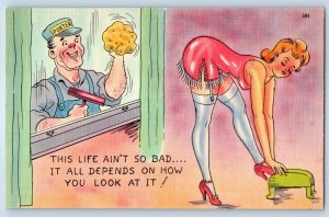 Risque Man Cleaning Window Pepping Tom Sexy Woman This Life Aint So Bad Postcard