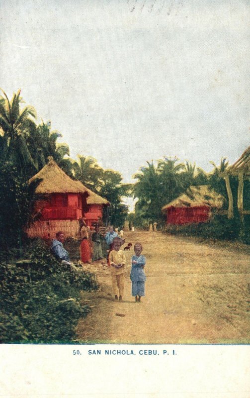 San Nichola CEBU Philippines Islands Children Dirt Path Huts Postcard c1910