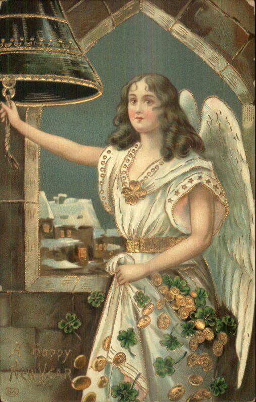 New Year - Beautiful Angel Ringing Bell Gold Coins Clovers c1910 Postcard #2