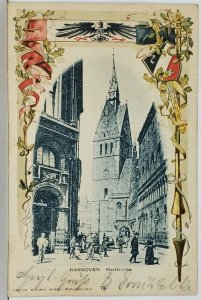 Germany Hannover Marktkirche Street Scene 1901Embossed Patriotic Postcard K10